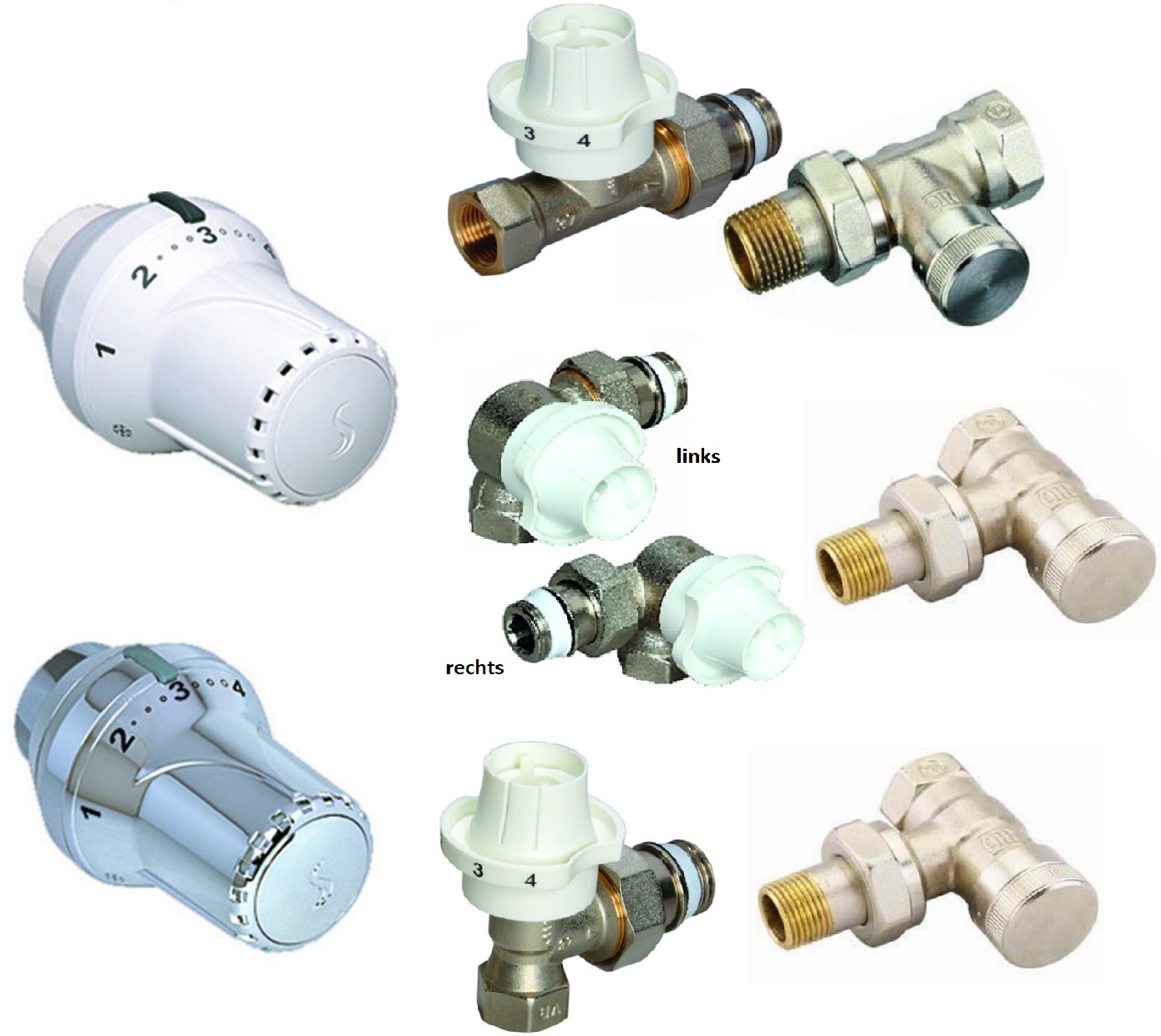 Thermostatventil-Set, Anschlusset, Eck-, Durchgang- o. Winkeleckform in weiß oder chrom